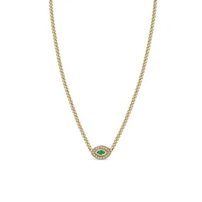 14k XS Curb Chain Marquise Emerald Halo Necklace