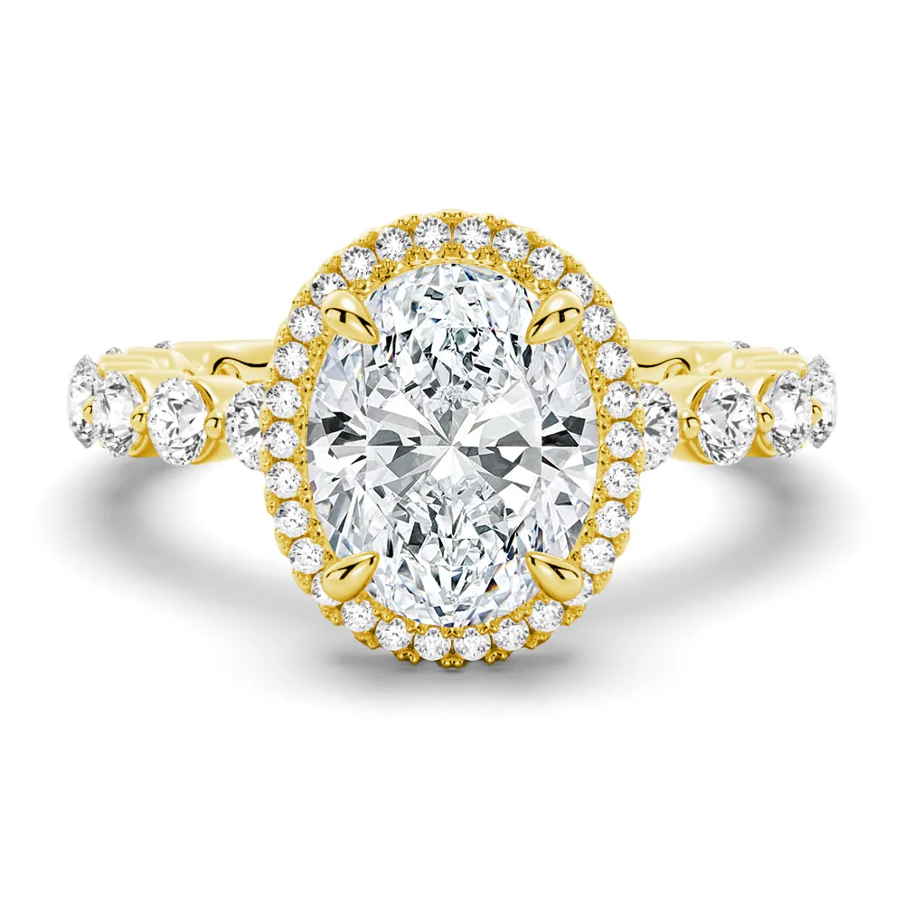 3 CT. Oval Halo with Pavé Shared Prong Band Moissanite Engagement Ring