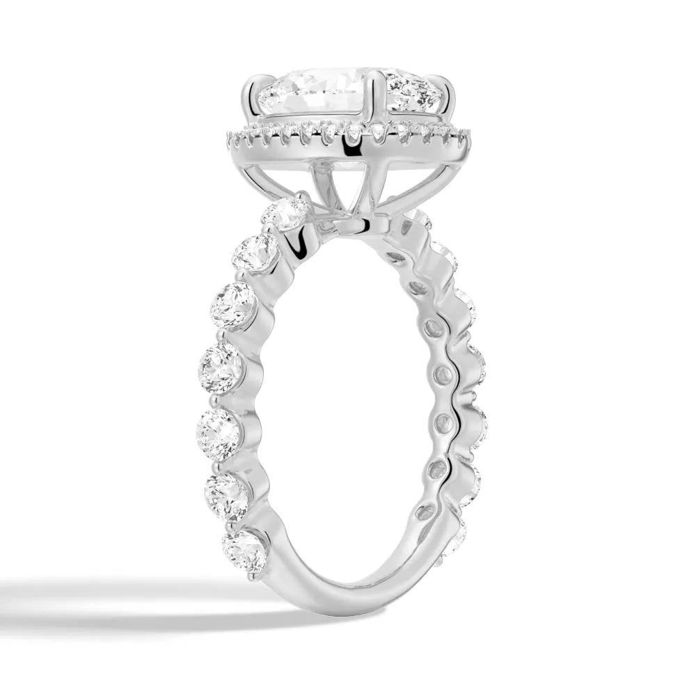 3 CT. Oval Halo with Pavé Shared Prong Band Moissanite Engagement Ring