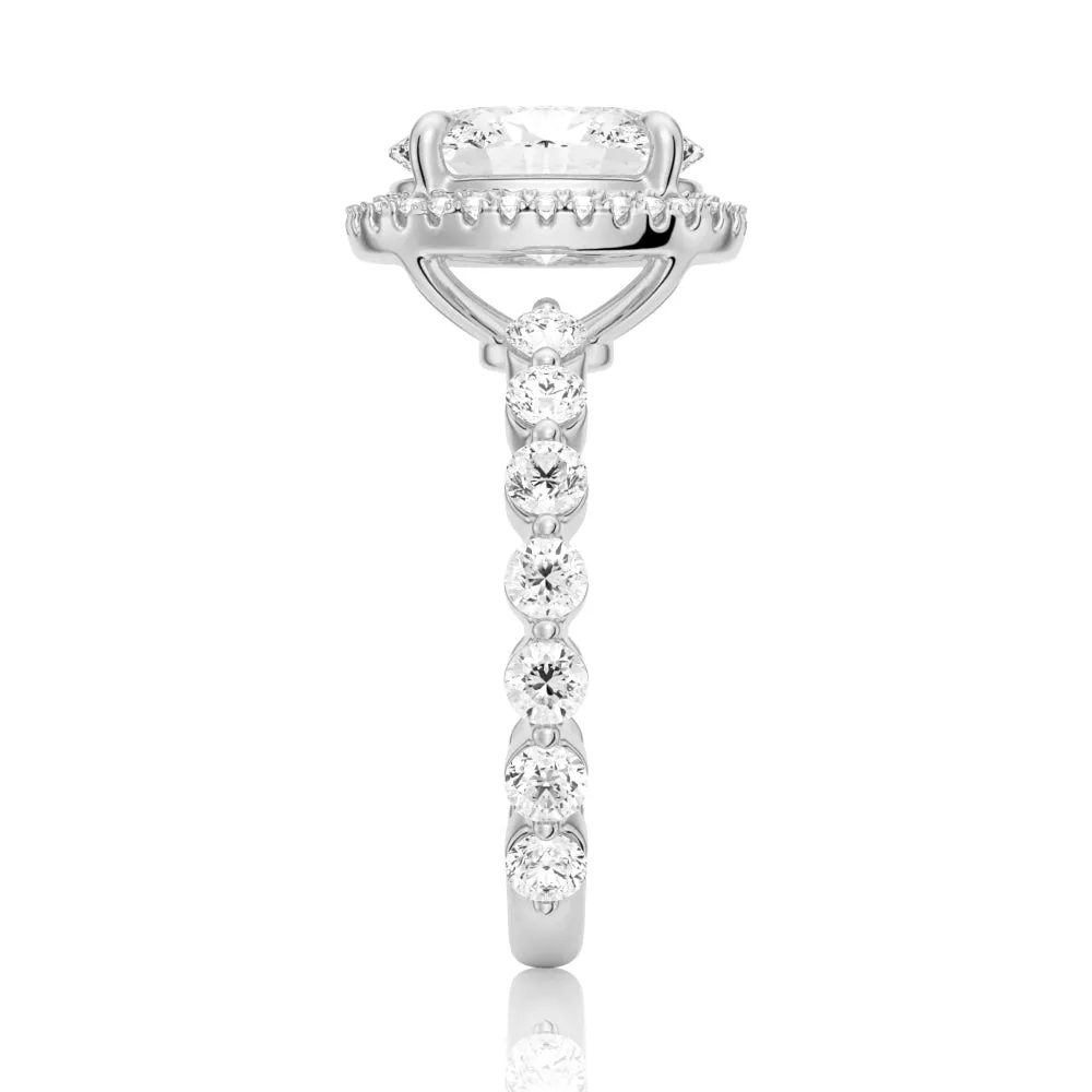 3 CT. Oval Halo with Pavé Shared Prong Band Moissanite Engagement Ring