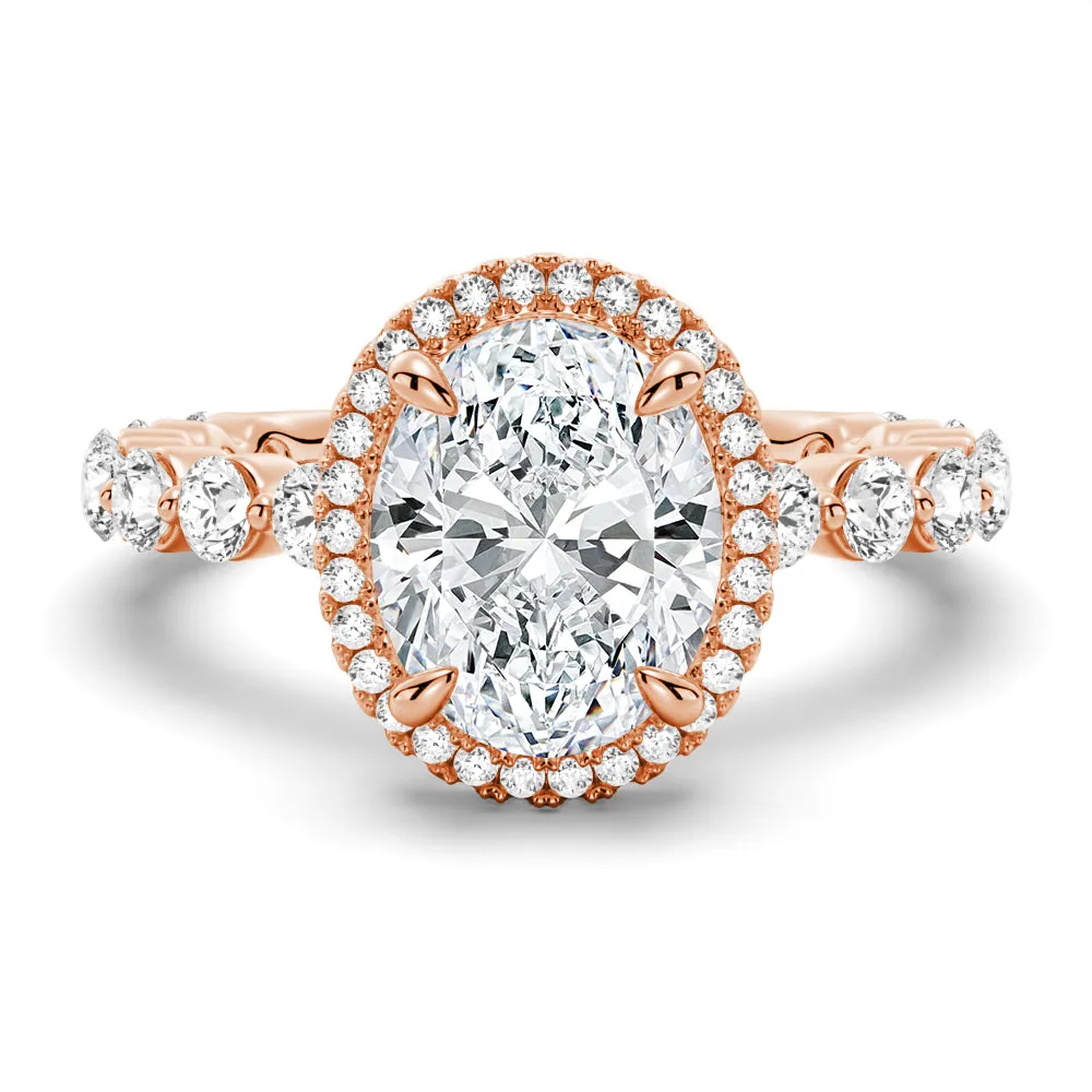 3 CT. Oval Halo with Pavé Shared Prong Band Moissanite Engagement Ring