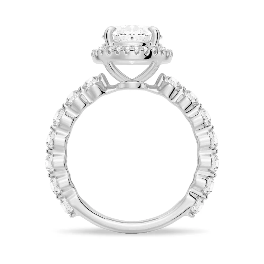 3 CT. Oval Halo with Pavé Shared Prong Band Moissanite Engagement Ring