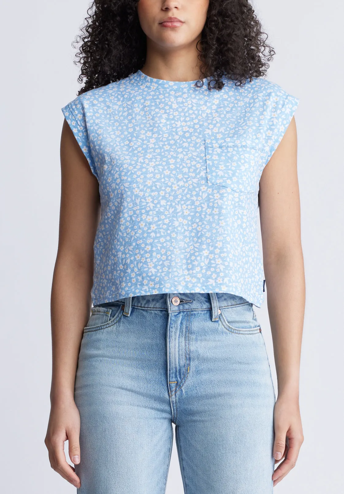 Amandine Women's Cap-Sleeve Crop Top, Blue with White Flowers - KT0148S