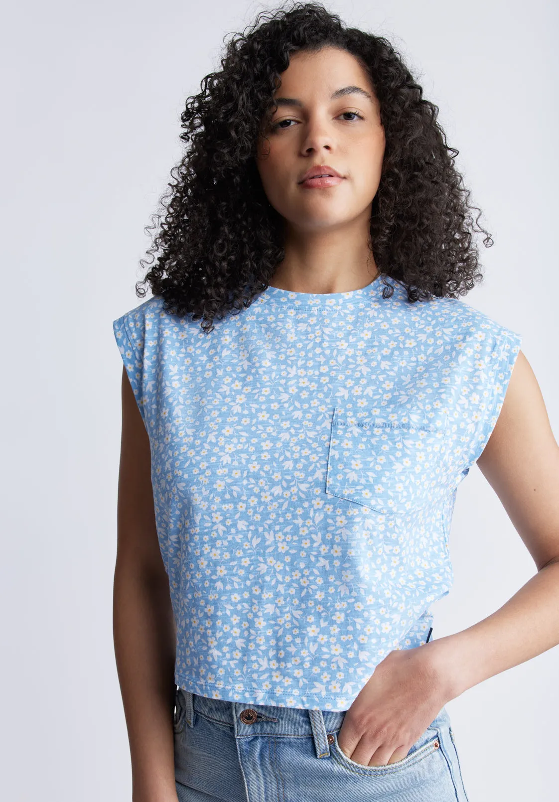 Amandine Women's Cap-Sleeve Crop Top, Blue with White Flowers - KT0148S