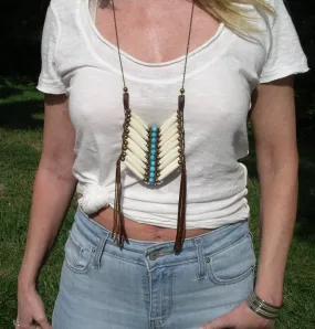 Breast Plate Necklace Ivory Hairpipe Turquoise And Bronze Bead Festival Jewelry Brown Genuine Leather Fringe