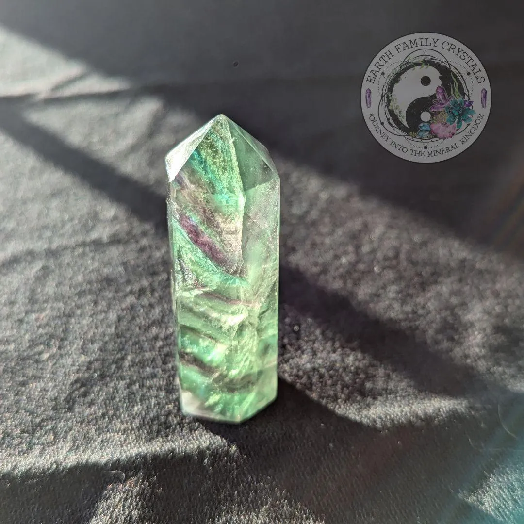 Bright Green~ Rainbow Fluorite Polished Point Mini Tower Carving