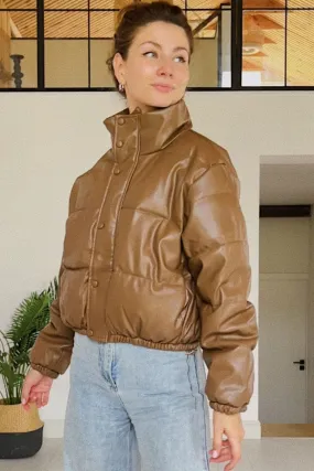 Camel Puffer Windbreaker Faux Leather Crop Jacket