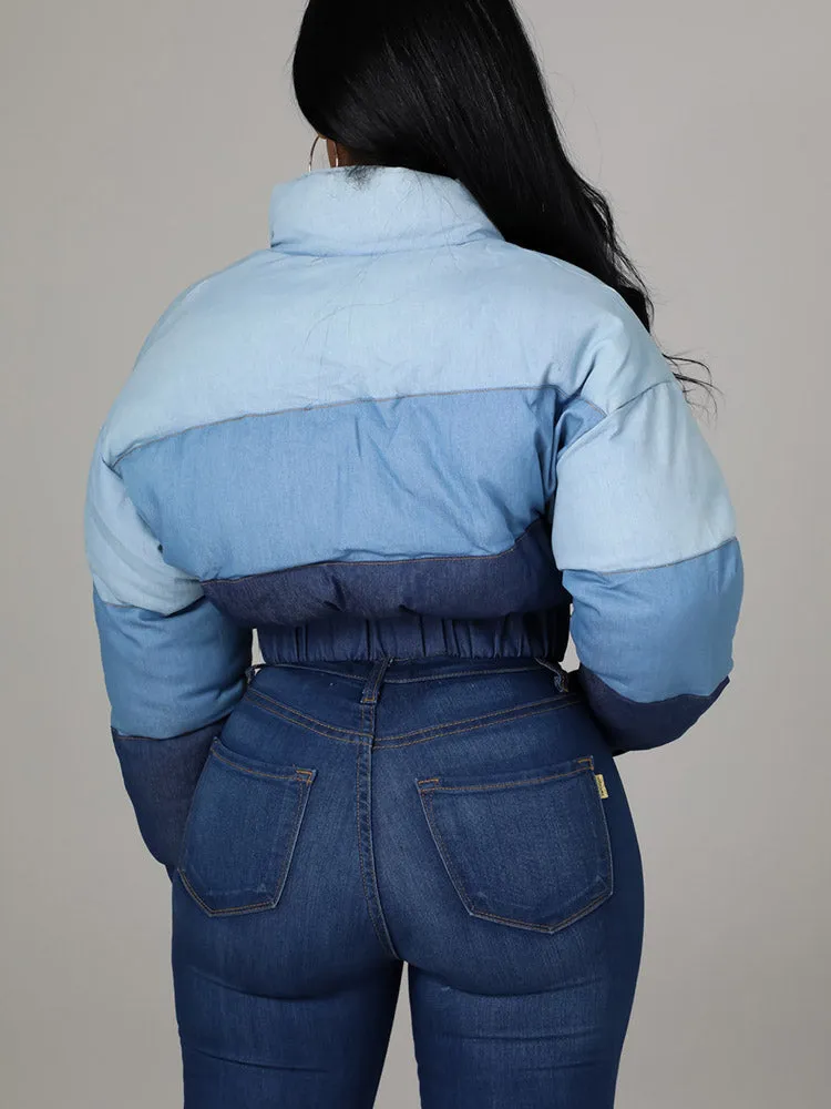 Color Block Denim Puffer Jacket