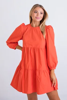 Coral Poplin Long Sleeve Dress