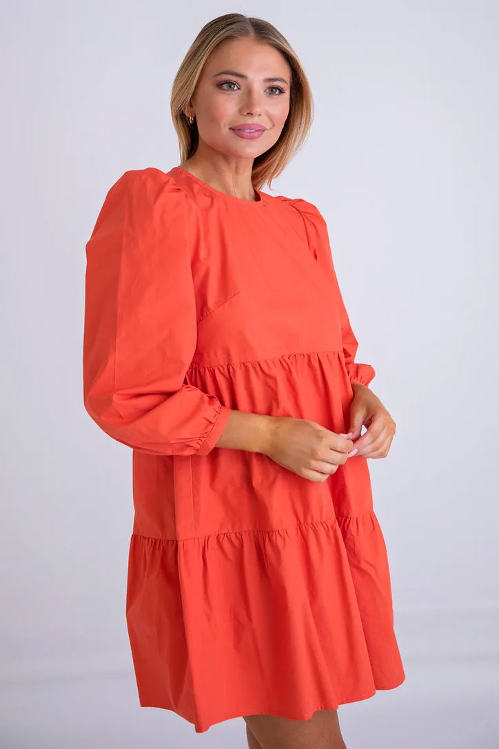 Coral Poplin Long Sleeve Dress