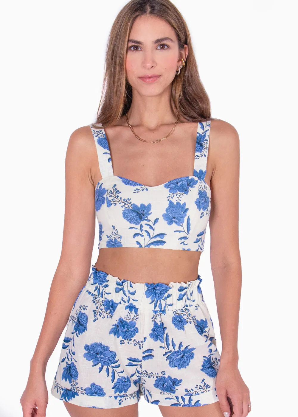 Crop top de tiras con escote de corazón y estampado de flores - NARAHI