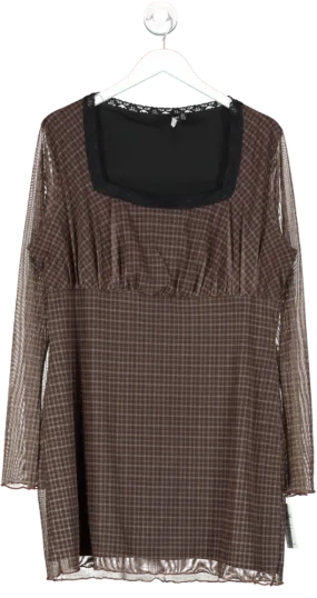 Daisy Street Brown Mesh Check Long Sleeve Dress UK 20