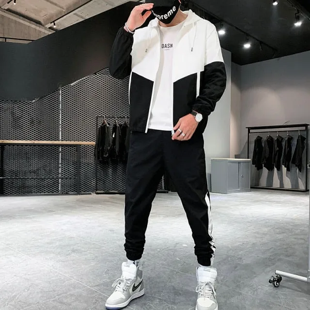 Dropshipping Patchwork Hip Hop Casual Men's Sets 2021 Korean Style 2 Piece Sets Clothes Men Streetwear Fitness Male Tracksuit