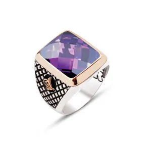 Facet Cut Amethyst Stone Square Silver Men’s Ring Siding Diamond Pattern and Ottoman Tughra