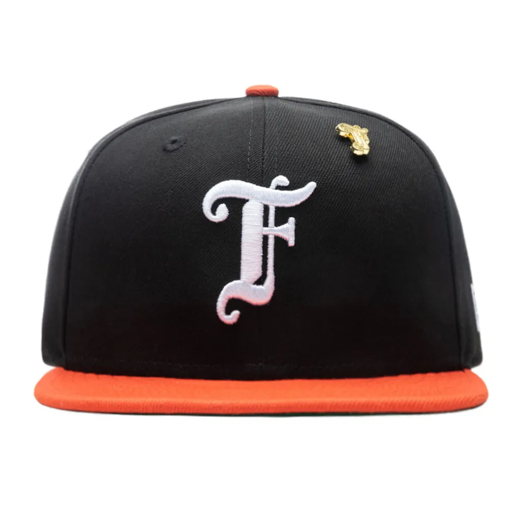 Feature x New Era Old English F Snapback Hat w/ Pin - Black/Orange