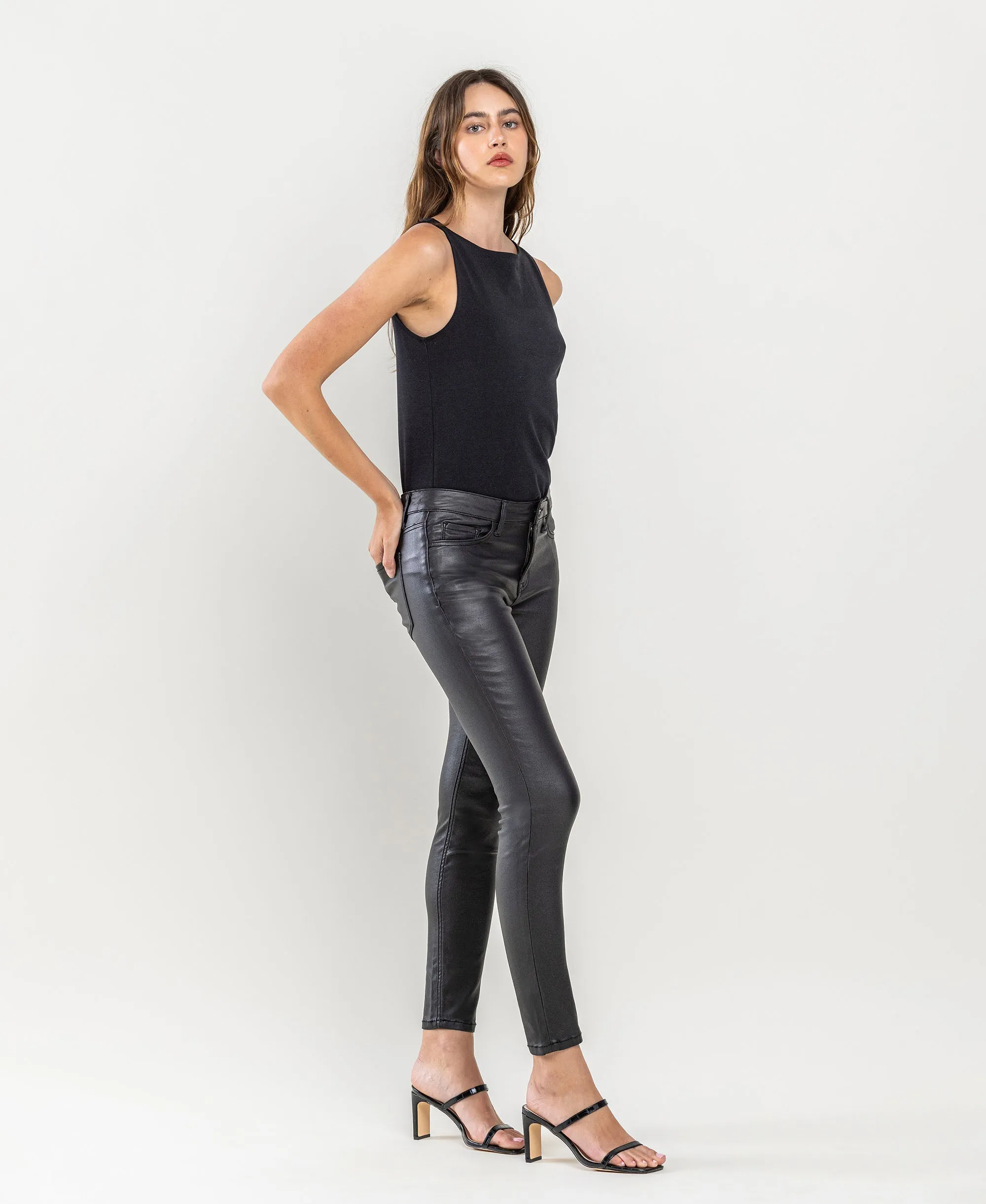 Jet Black - Mid Rise PU Crop Skinny Jeans