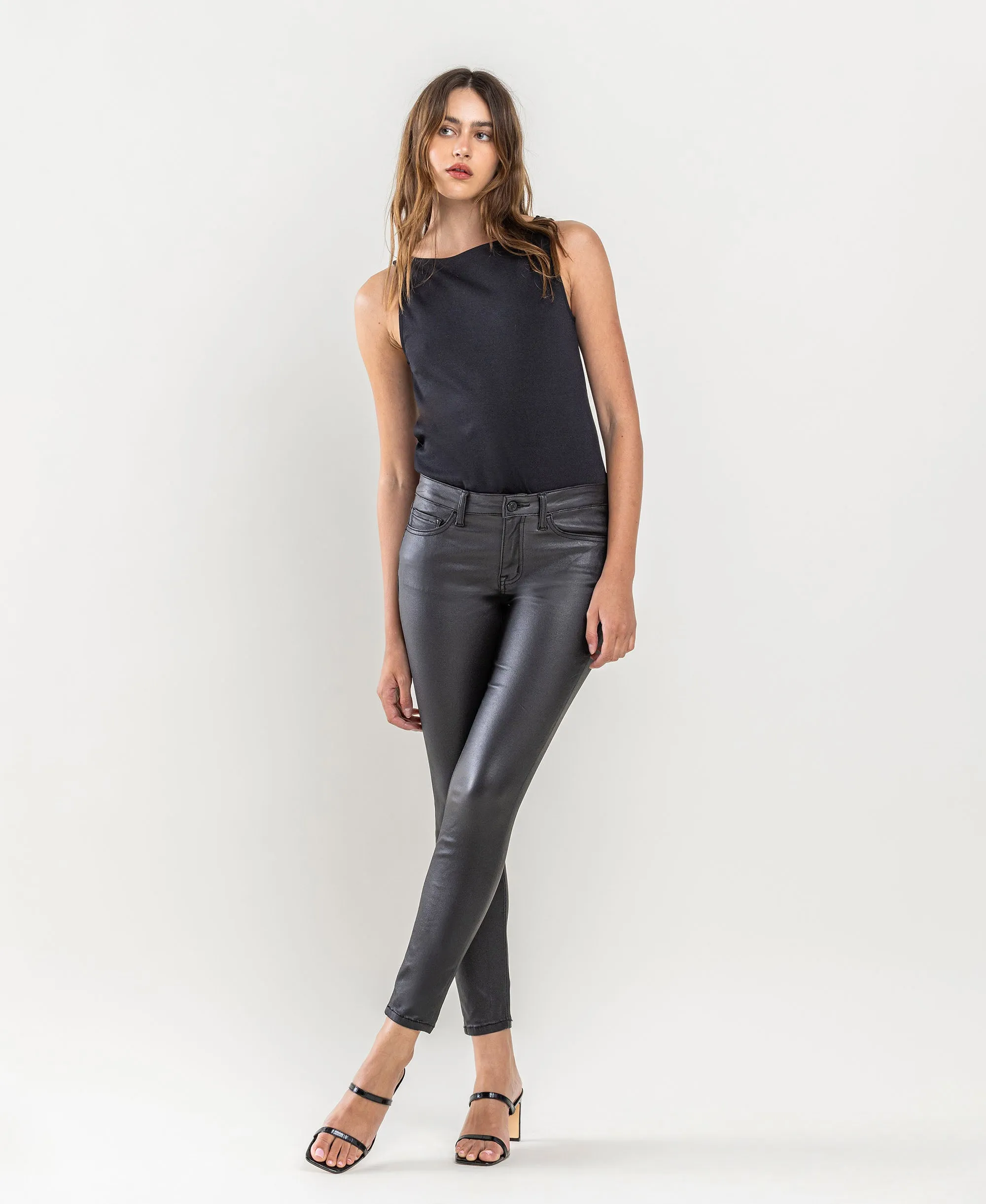 Jet Black - Mid Rise PU Crop Skinny Jeans