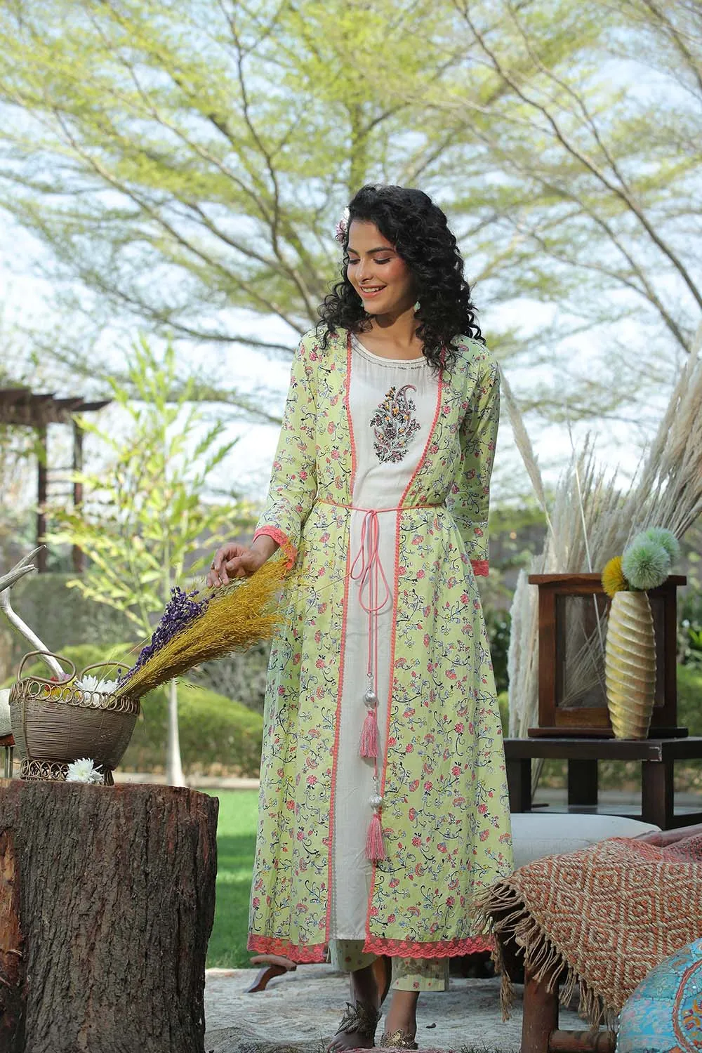 Juniper Lime Green Floral Printed Cotton Lacy Jacket Style Kurta With Thread Work & Dori At Waist