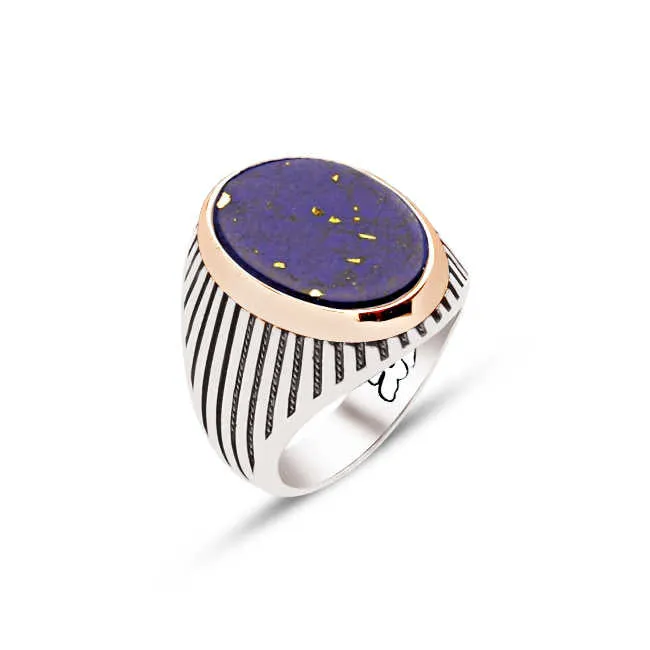 Lapis Stone Small Ellipse Silver Men’s Ring Siding Striped Pattern