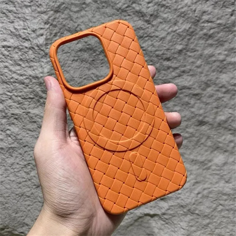 Luxury Weaving Grid Braided Mesh Leather Phone Case for iPhone 15 13, 14 Pro Max - Cute Design