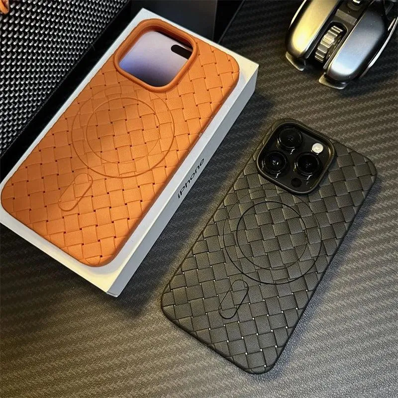 Luxury Weaving Grid Braided Mesh Leather Phone Case for iPhone 15 13, 14 Pro Max - Cute Design