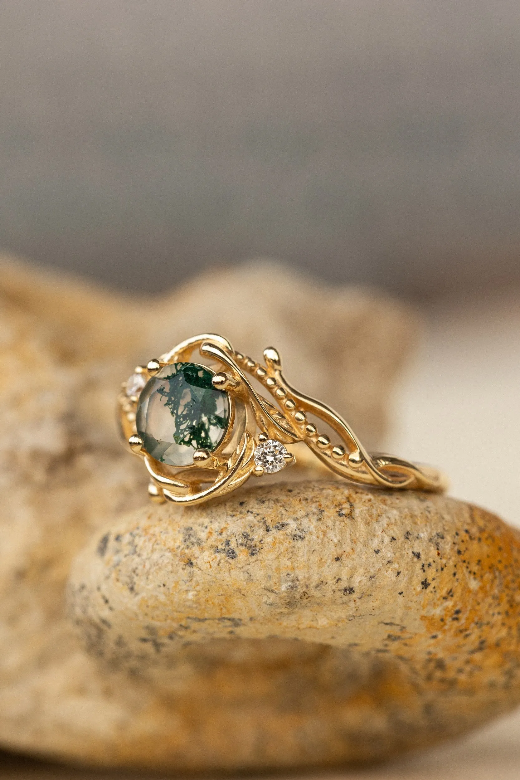 Natural moss agate yellow gold engagement ring with accent diamonds, nature themed proposal gold ring with diamonds / Undina