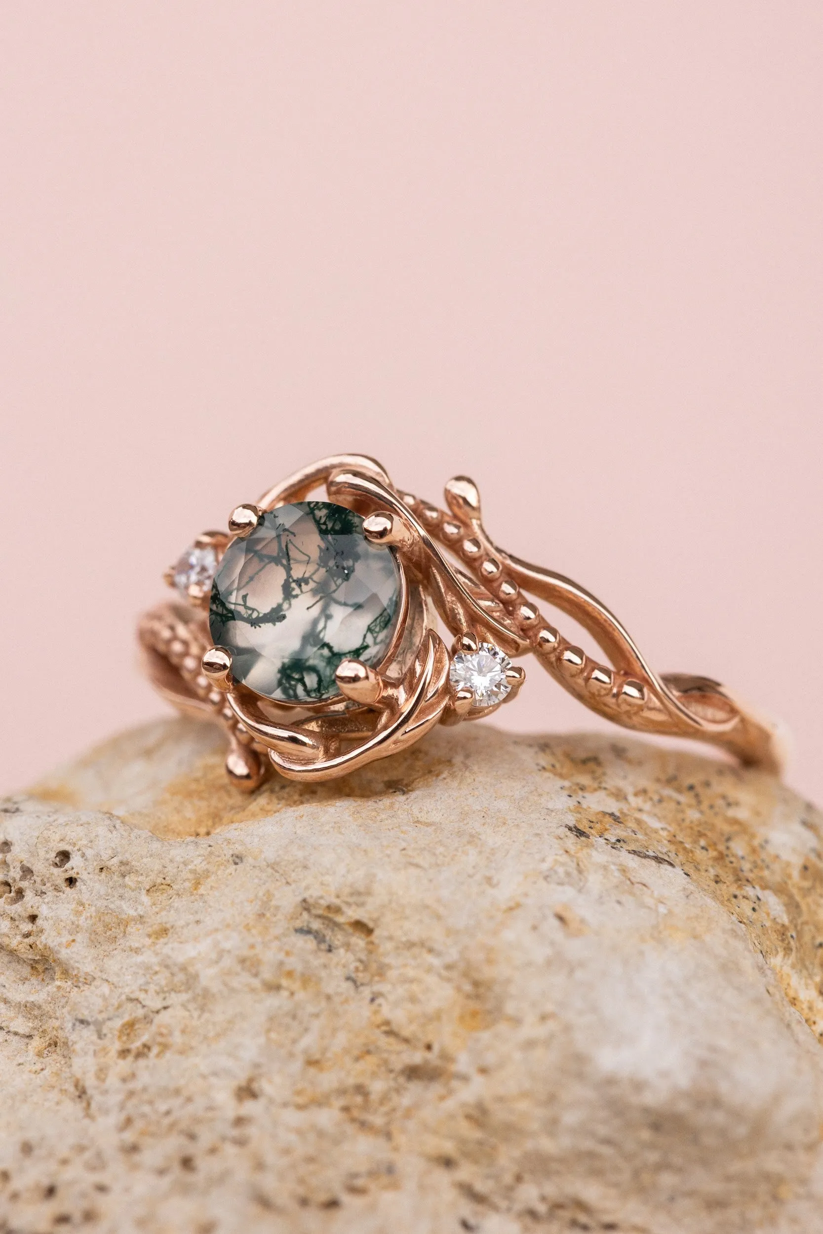 Natural moss agate yellow gold engagement ring with accent diamonds, nature themed proposal gold ring with diamonds / Undina