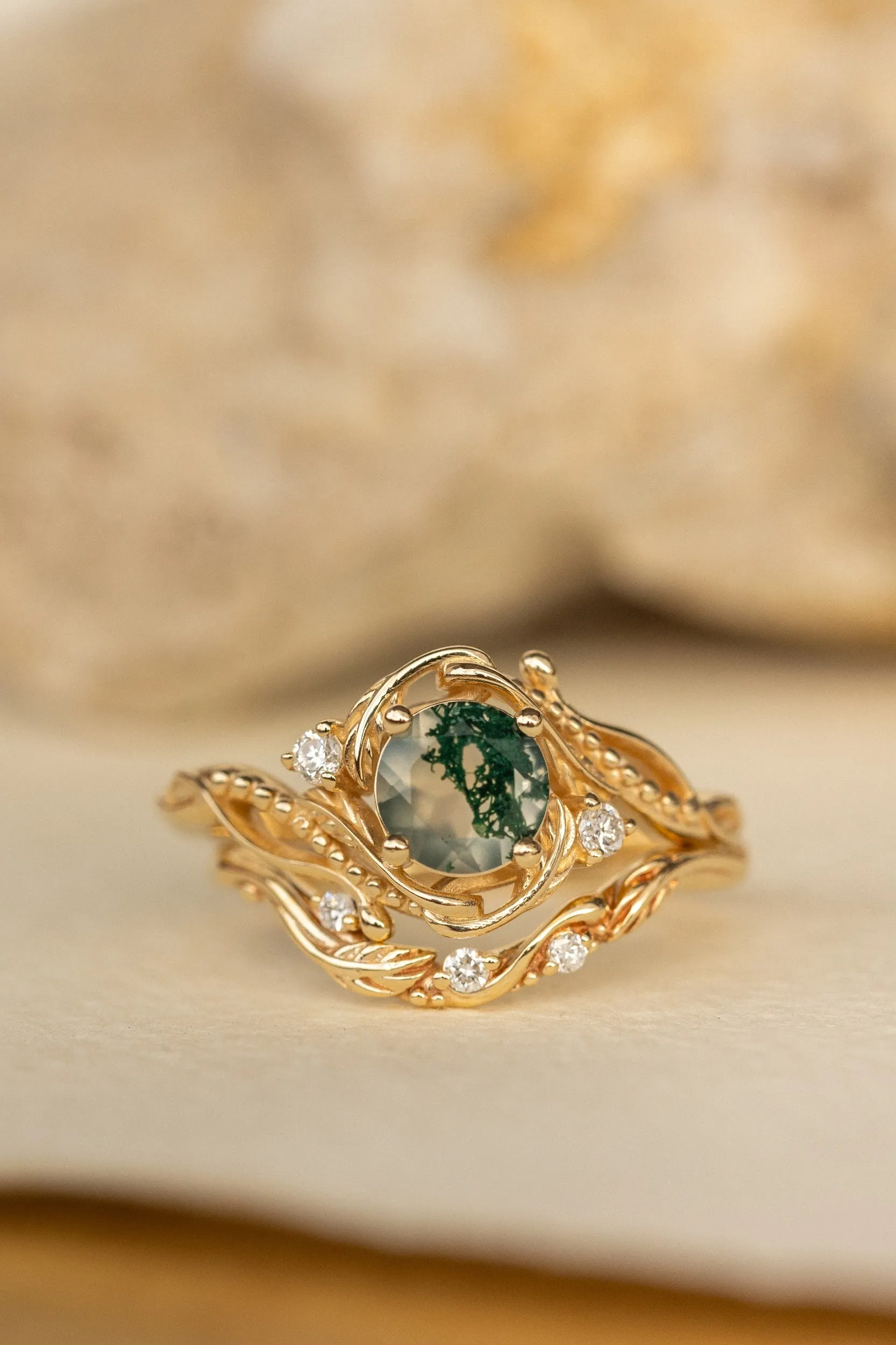 Natural moss agate yellow gold engagement ring with accent diamonds, nature themed proposal gold ring with diamonds / Undina