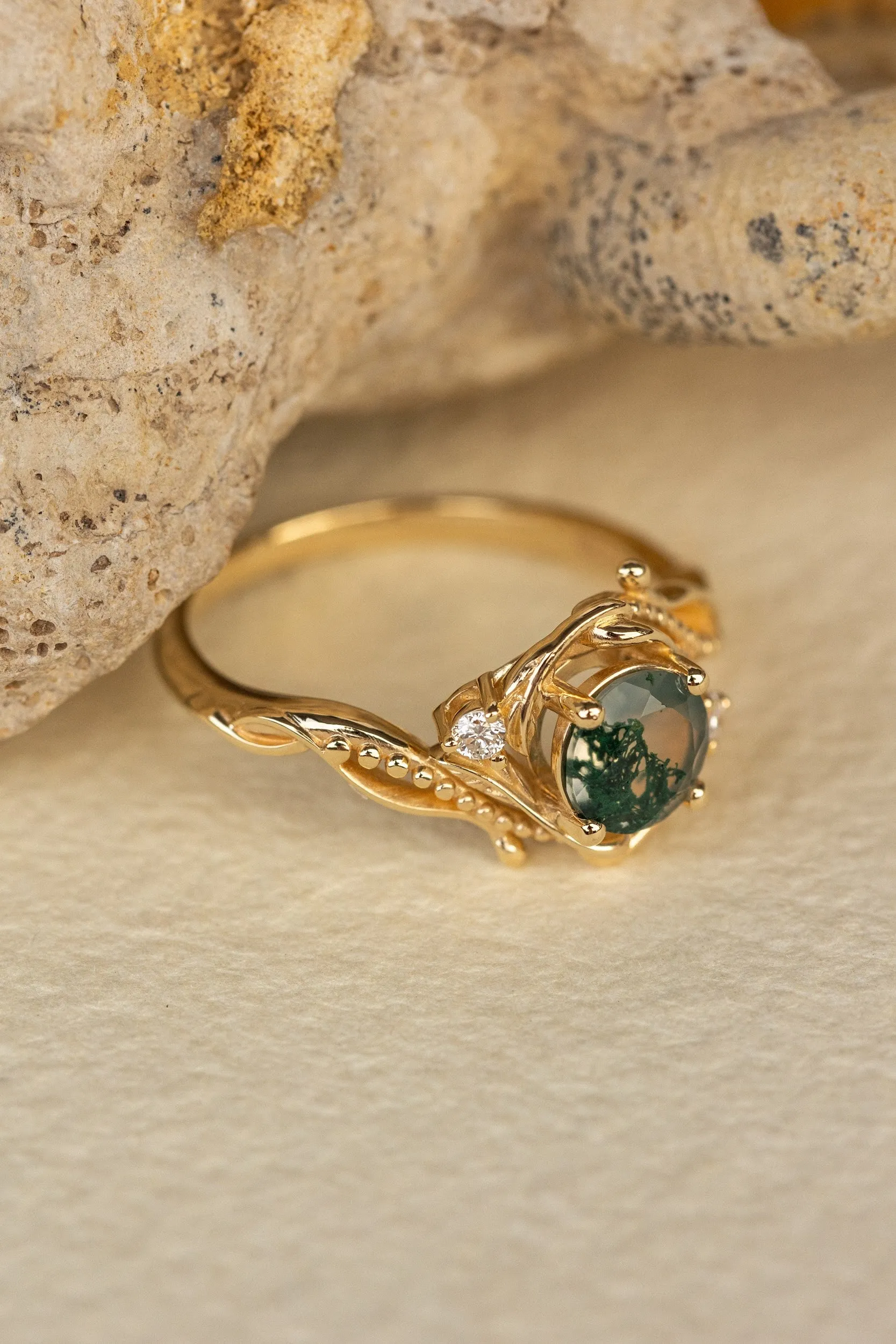 Natural moss agate yellow gold engagement ring with accent diamonds, nature themed proposal gold ring with diamonds / Undina