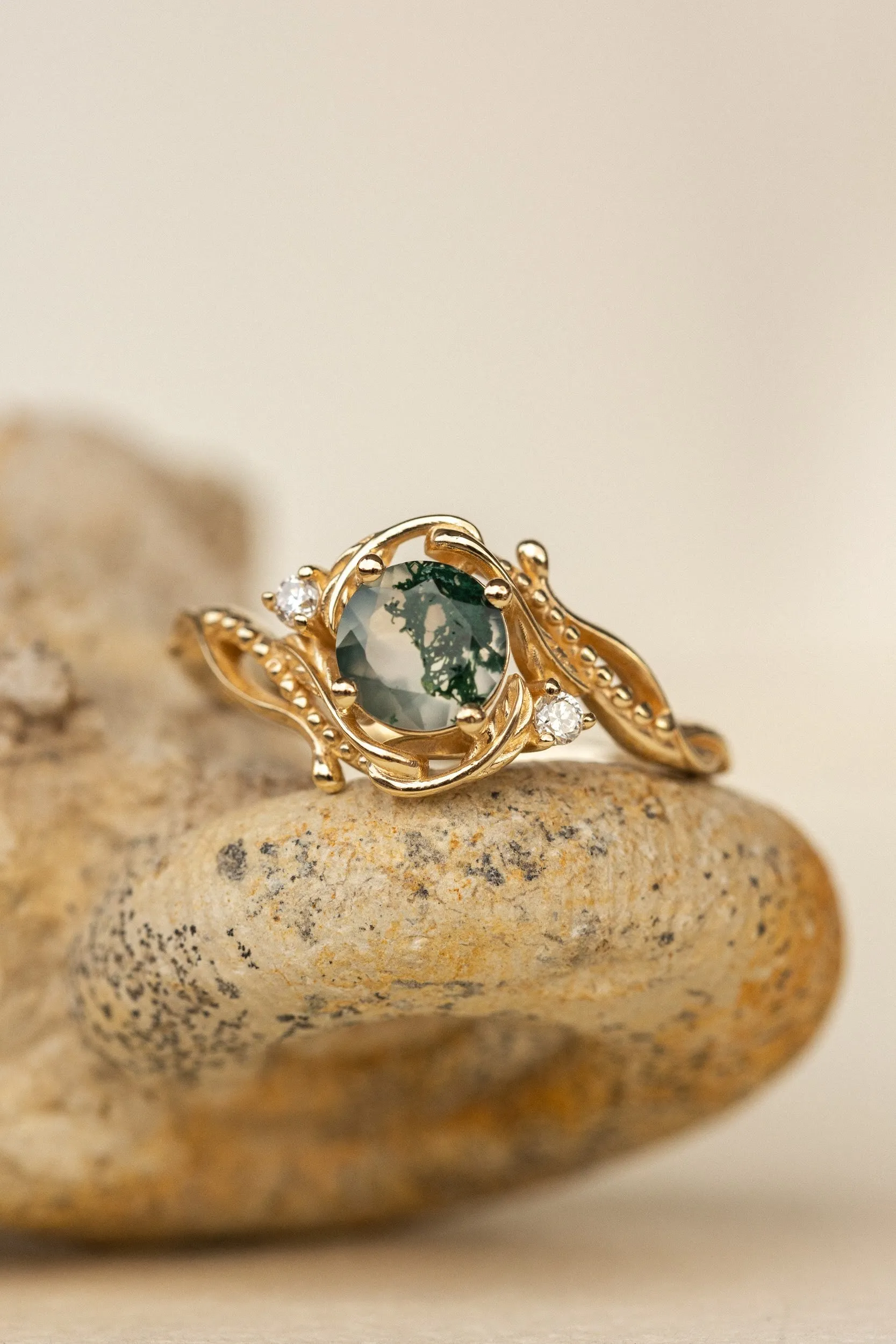 Natural moss agate yellow gold engagement ring with accent diamonds, nature themed proposal gold ring with diamonds / Undina