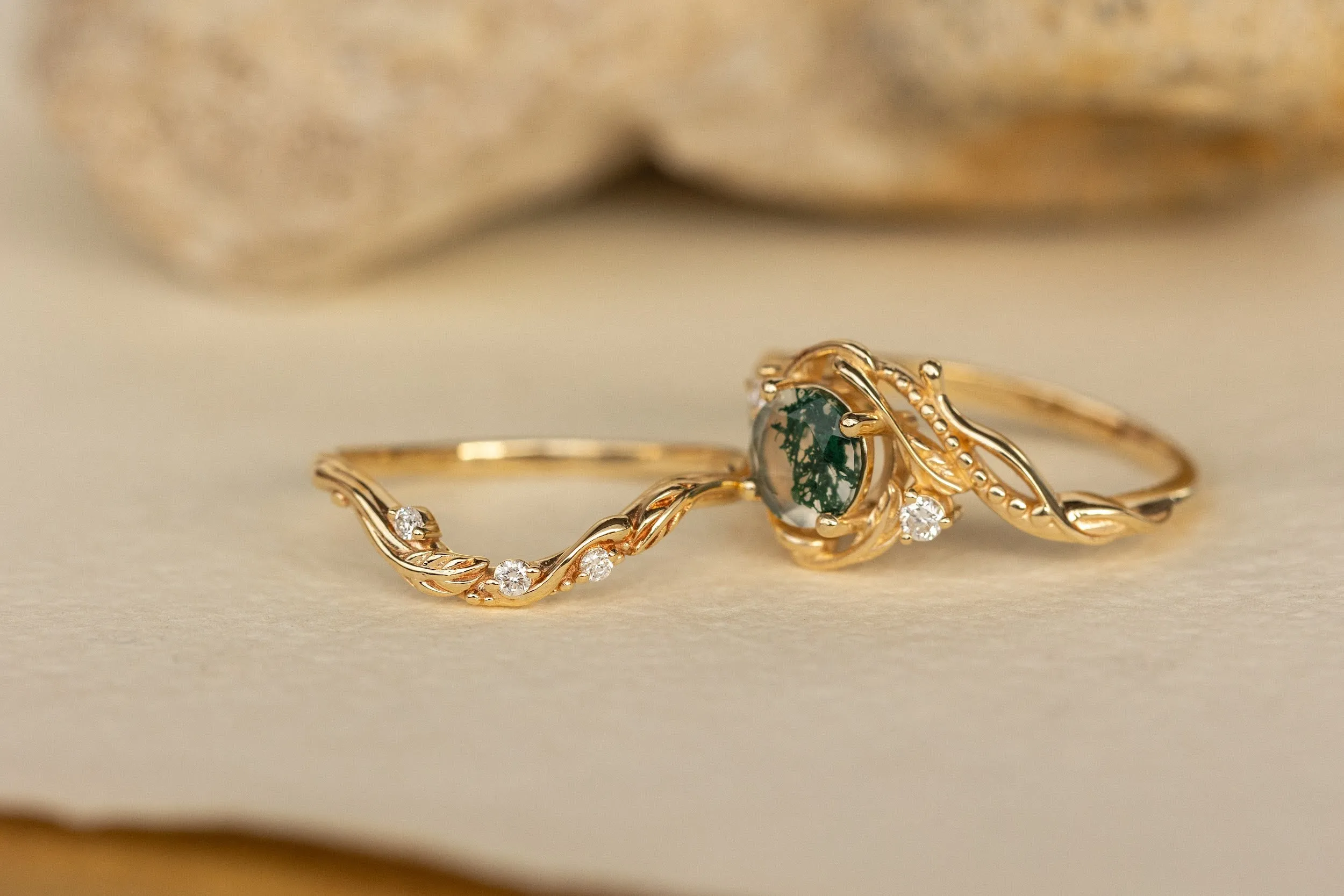 Natural moss agate yellow gold engagement ring with accent diamonds, nature themed proposal gold ring with diamonds / Undina