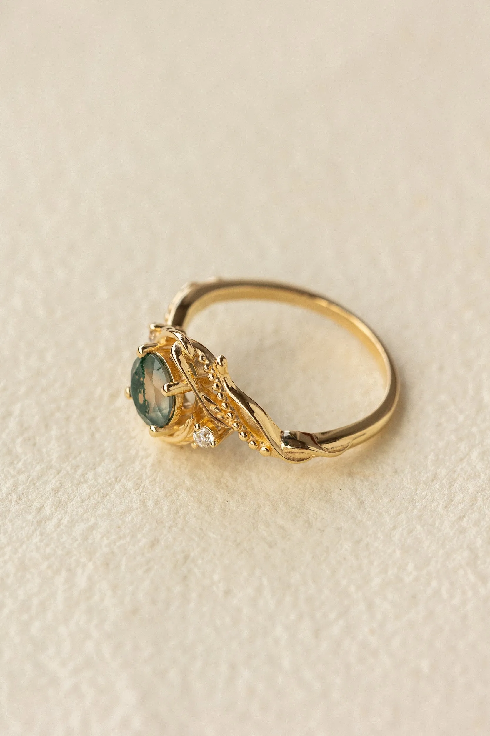 Natural moss agate yellow gold engagement ring with accent diamonds, nature themed proposal gold ring with diamonds / Undina