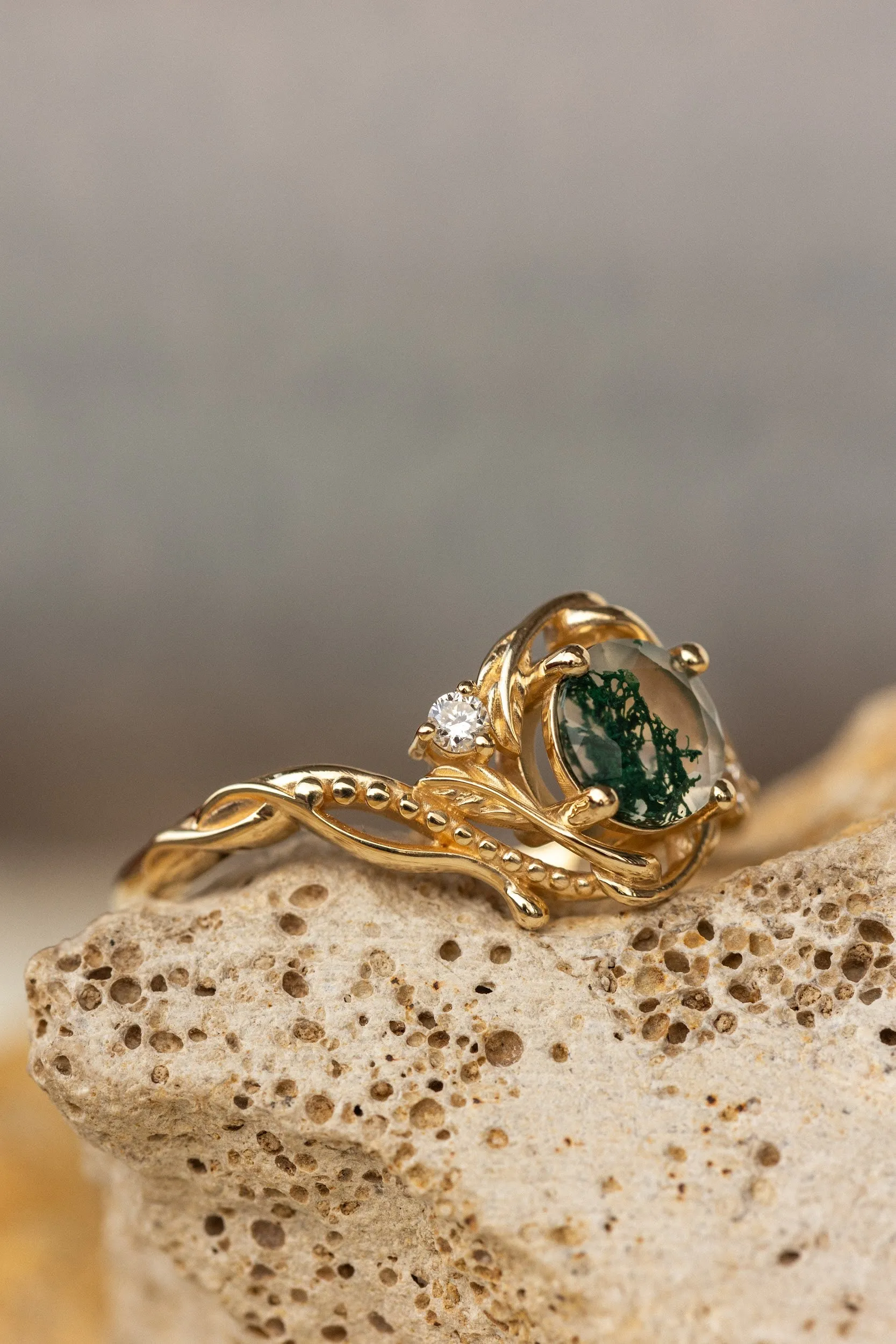 Natural moss agate yellow gold engagement ring with accent diamonds, nature themed proposal gold ring with diamonds / Undina