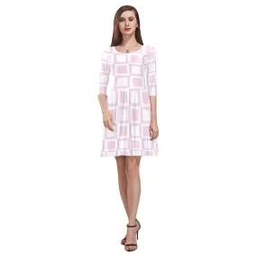 PINK WHITE SQUARE PRINT 4 Tethys Half-Sleeve Skater Dress(Model D20)